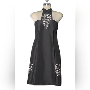 Simon Chang Luxury Black Strapless Dress with White Floral Design